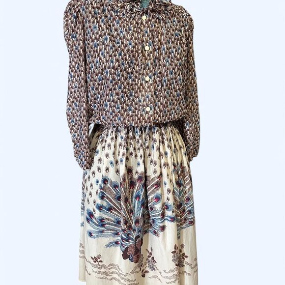 Vintage 70s Peacock Prairie Dress – Ruffle Collar & Statement Skirt - Picture 1 of 4